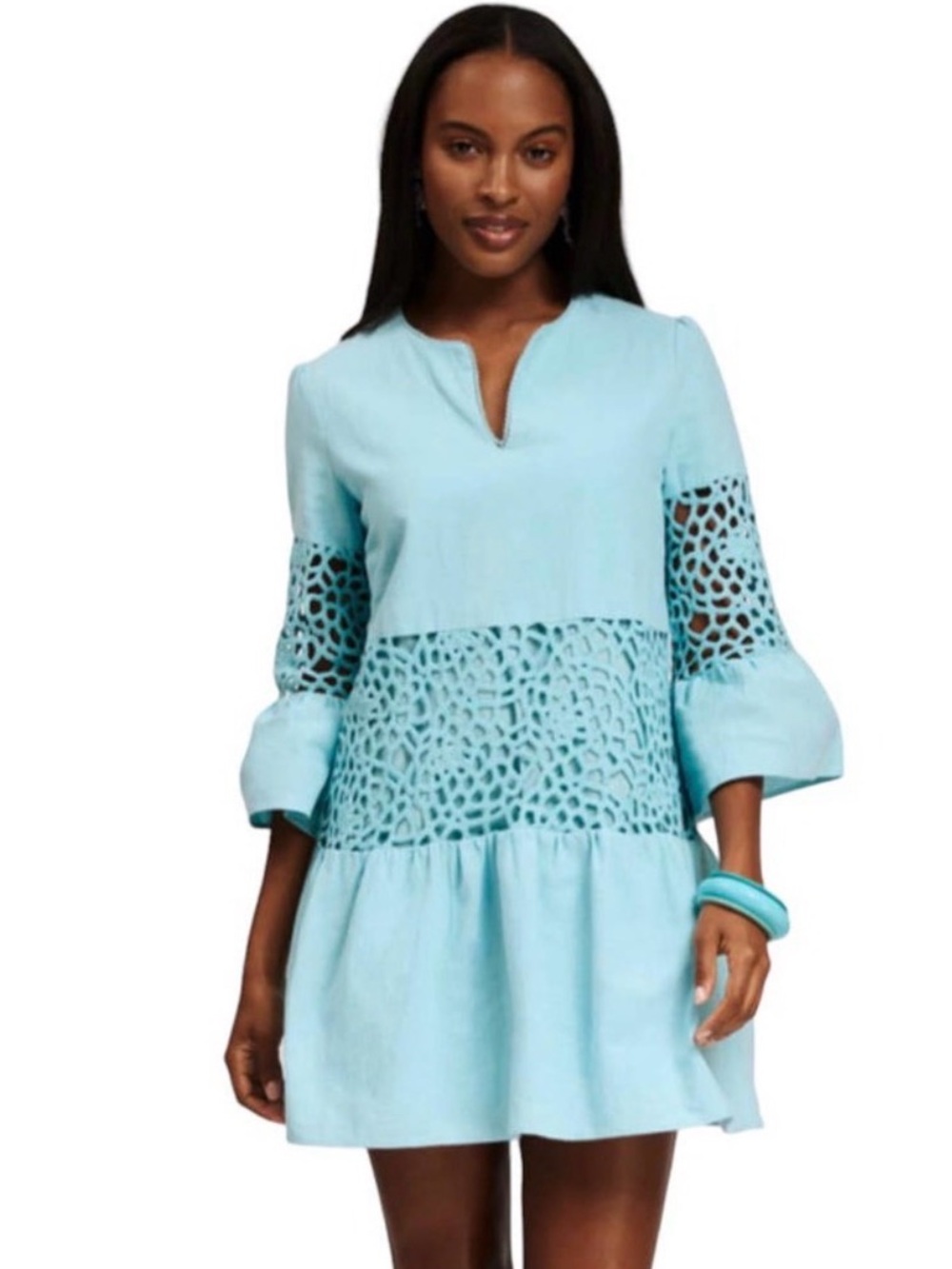 Tyler Boe Izzy Crochet Embroidered Tunic Dress Bahama Blue Cotton Small